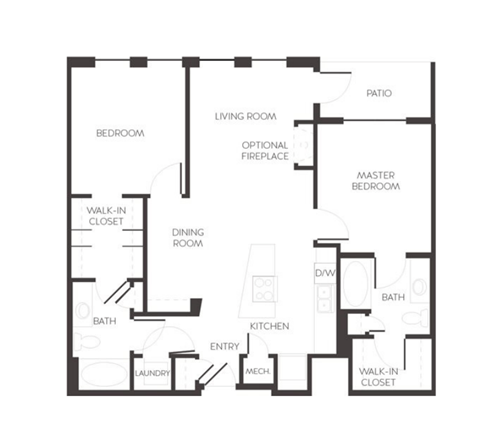 Floor plan for 2 beds, 2 baths, 1087 sqft